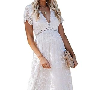 Diukia Womens White Deep V Neck Lace Maxi Dress Short Sleeve Sz L